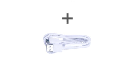 White USB cable on a white background with a plus sign above it.