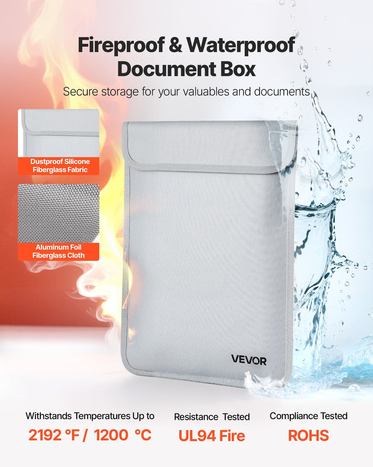 Fireproof Document Bag, 2192 ℉ Heat Insulated Fireproof & Waterproof Bag With Smooth Zipper, Portable File Storage Organizer Home Office Travel Use, For Passports, Important Documents, Files