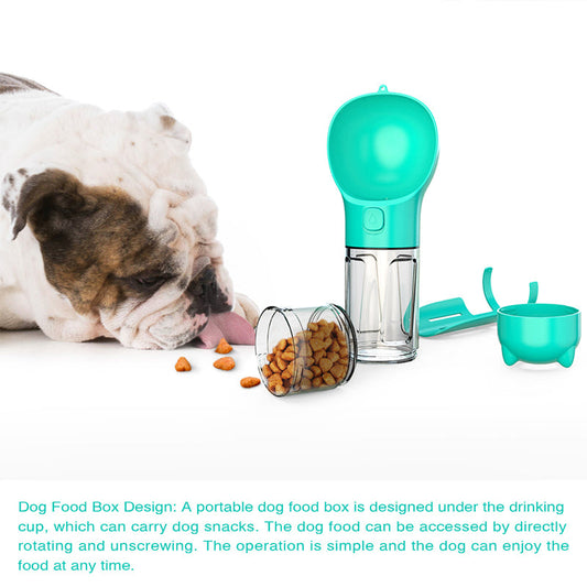 Teal and clear pet food dispenser with a dog eating from it on a white background