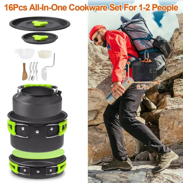 All-in-one cookware set for 1-2 people with a person hiking in the background.