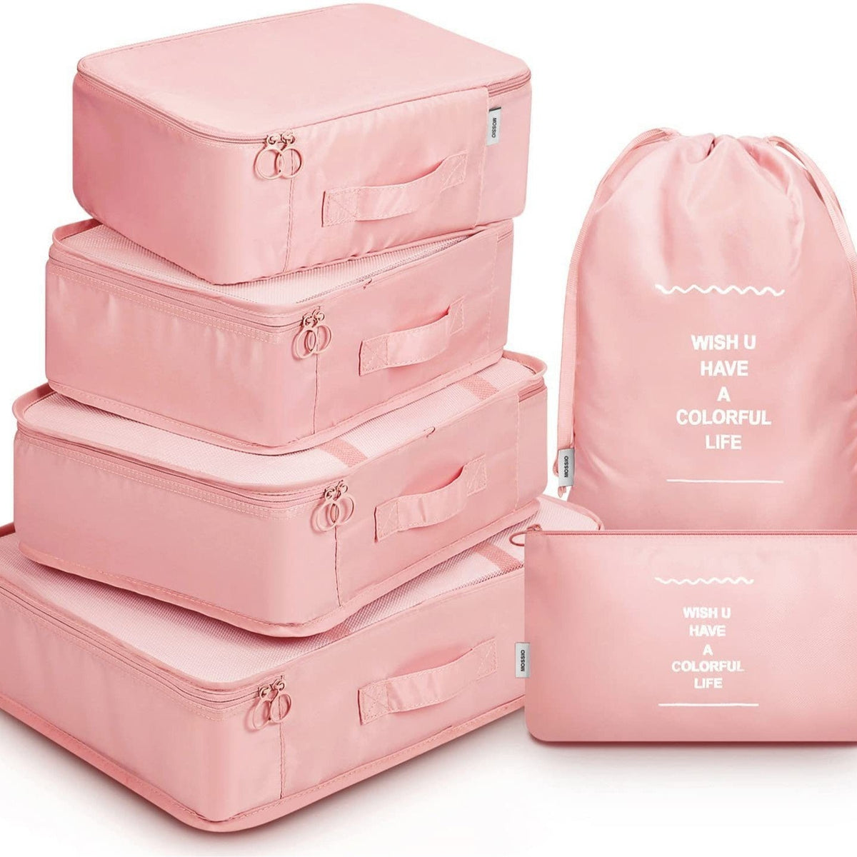 Set of pink packing cubes and bags with text on a white background