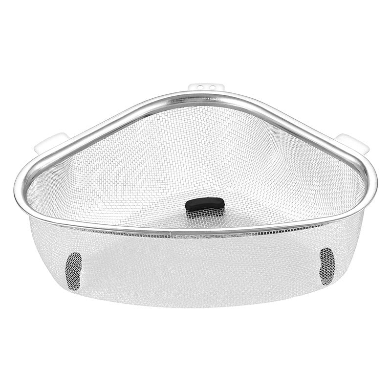 Metal mesh strainer with a black handle on a white background