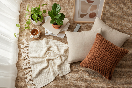 Affordable home decor ideas – cozy living room with plants, throw pillows, and wall art from Shoplivo