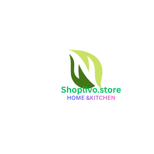 A centered logo on a white background with green leaf-like shapes and the text 'Shoplivo.store HOME &KITCHEN' in green and purple.