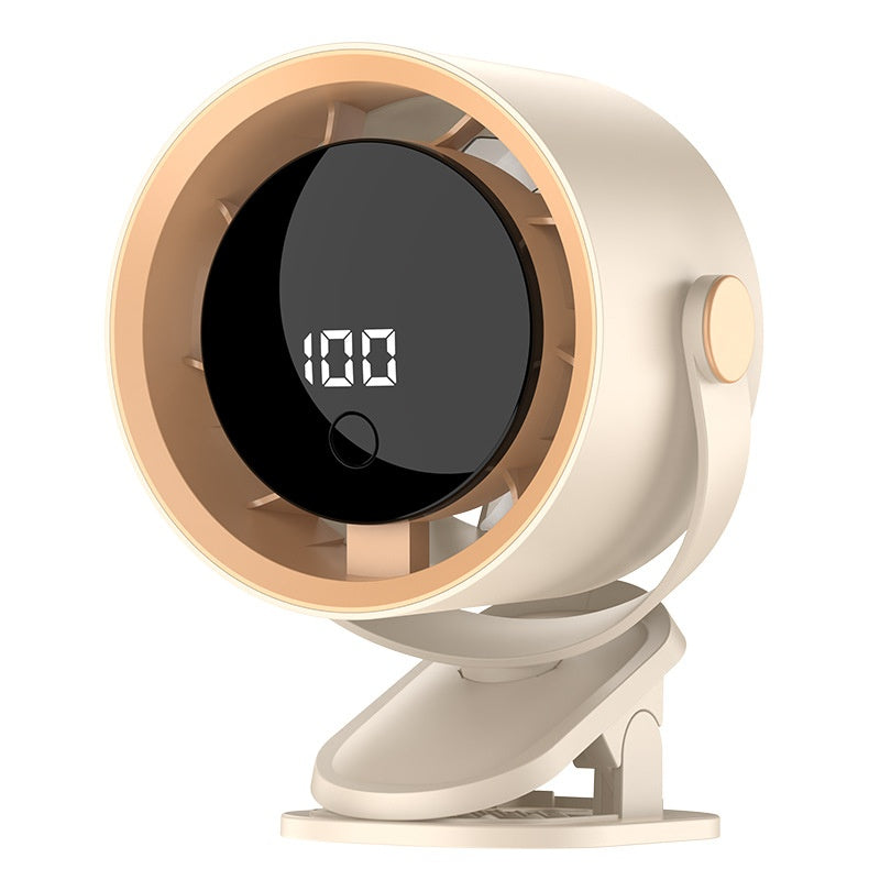 A modern, round desk fan with a cream-colored body, a light wood-grain inner ring, and a black circular face displaying '100' in white LED digits. It is shown on a solid white background.