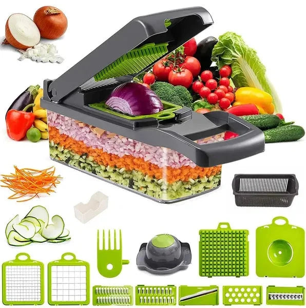 Multifunctional kitchen slicer with various attachments and chopped vegetables on a white background