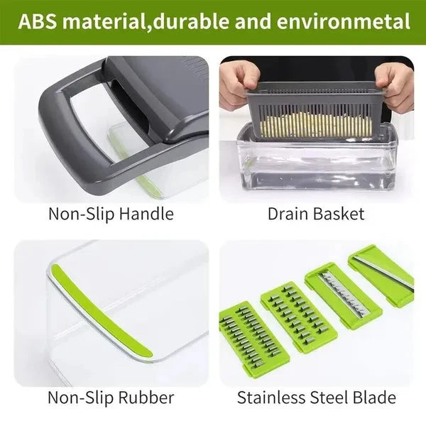 Four-panel product feature graphic for a kitchen slicer/dicer with ABS material, showing a close-up of the non-slip handle, a hand demonstrating the drain basket, the non-slip rubber, and stainless steel blades.