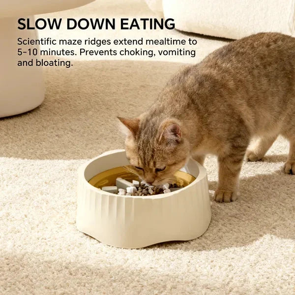 A brown tabby cat eating from a white ceramic slow feeder bowl with a maze-like ridge design on a beige carpet. Text on the top left reads 'SLOW DOWN EATING' with additional descriptive copy about extending mealtime and preventing choking, vomiting, and bloating.