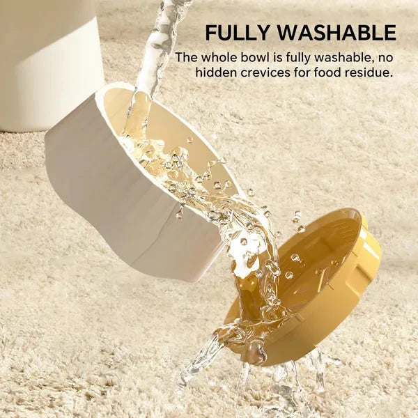Gold and white bowl being washed with water, text indicating it is fully washable.