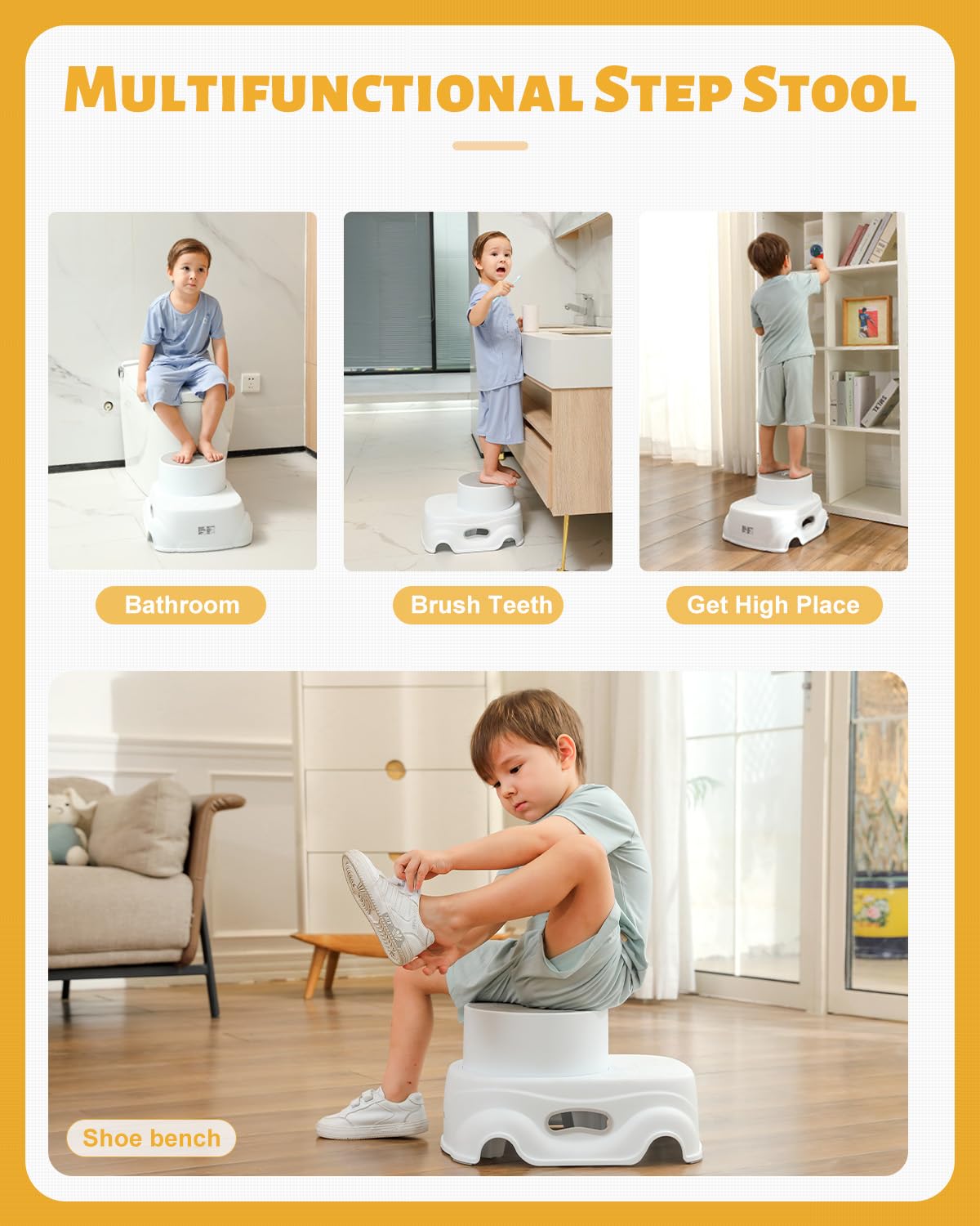 Multifunctional step stool used by a child in various settings with text labels.