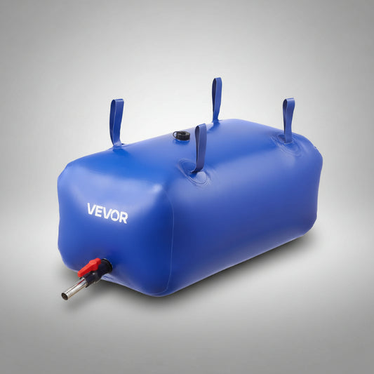 Blue VEVOR tank with a hose attachment on a white background