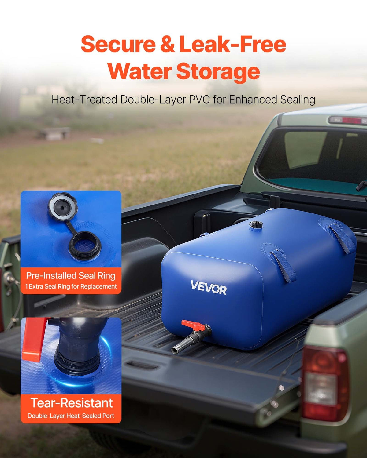 Blue VEVOR water storage tank in a truck bed with text highlighting features.