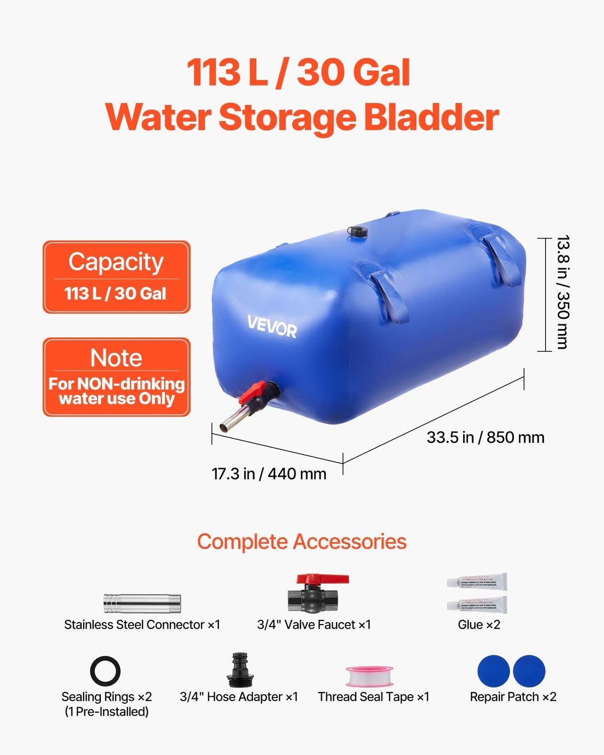 Blue water storage bladder with dimensions and accessories on a white background
