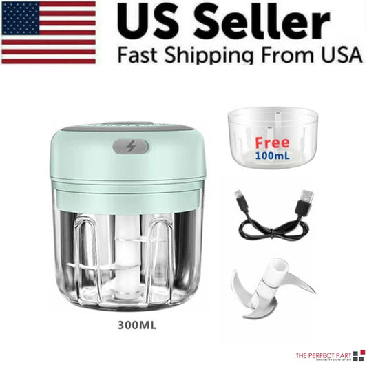 Mint green food chopper with accessories and free 100mL container on a white background, featuring 'US Seller' text.