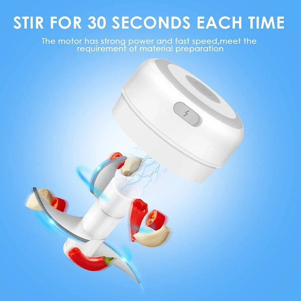 White handheld mixer with red peppers on a blue background, featuring text about stirring time and motor power.