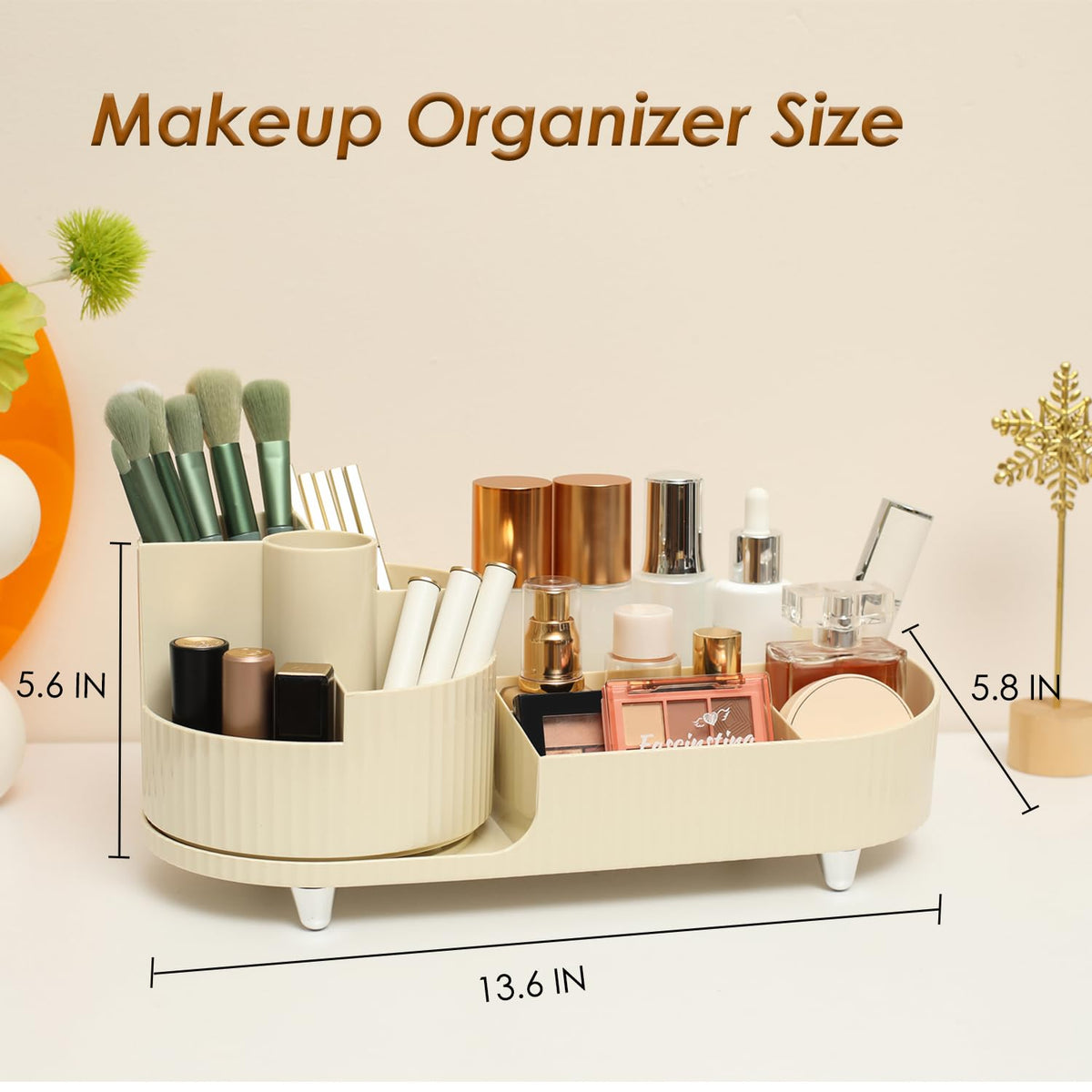 A beige makeup organizer tray with multiple compartments holding cosmetics and brushes, shown on a light beige background with overlaid dimensions reading 13.6 IN, 5.