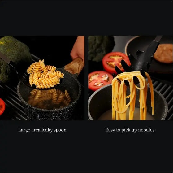 A split-screen demonstration of a black textured cooking spoon with wooden handles. The left panel shows the spoon catching rotini pasta in a pan, with text reading 'Large area leaky spoon'.