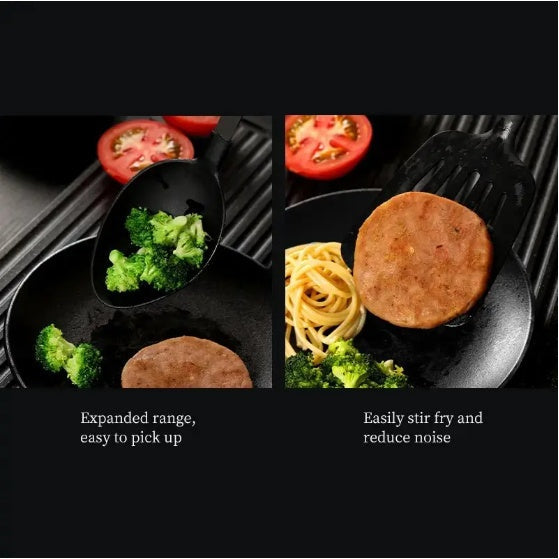 Black spatula with food items on a grill, including broccoli, tomatoes, and noodles.