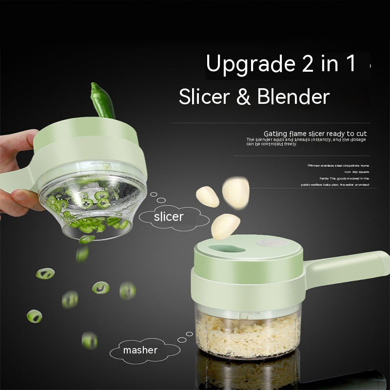 2-in-1 slicer and blender with green handle on a black background