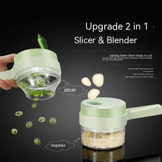 2-in-1 slicer and blender with green handle on a black background