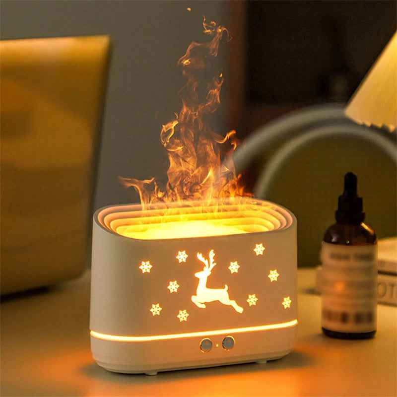 Decorative lamp with reindeer design and flame effect on a table.