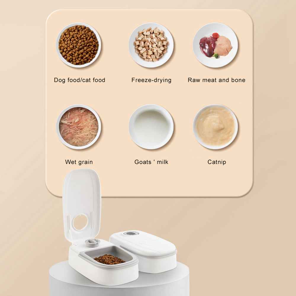 Pet food types displayed on a board with a pet feeder below.