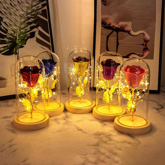 Set of four illuminated rose lamps in glass domes on a marble surface.