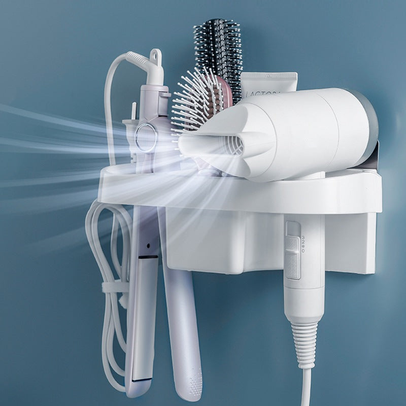 Set of hair care products including a hair dryer, straightener, and brush on a blue background