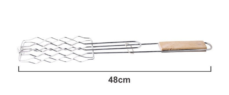 Stainless steel grill basket with wooden handle and measurement label on a white background