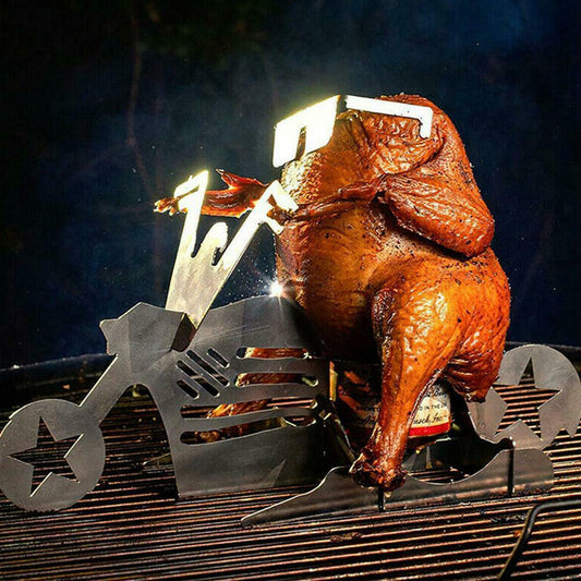 Roasted chicken on a grill with a decorative metal stand shaped like a motorcycle.