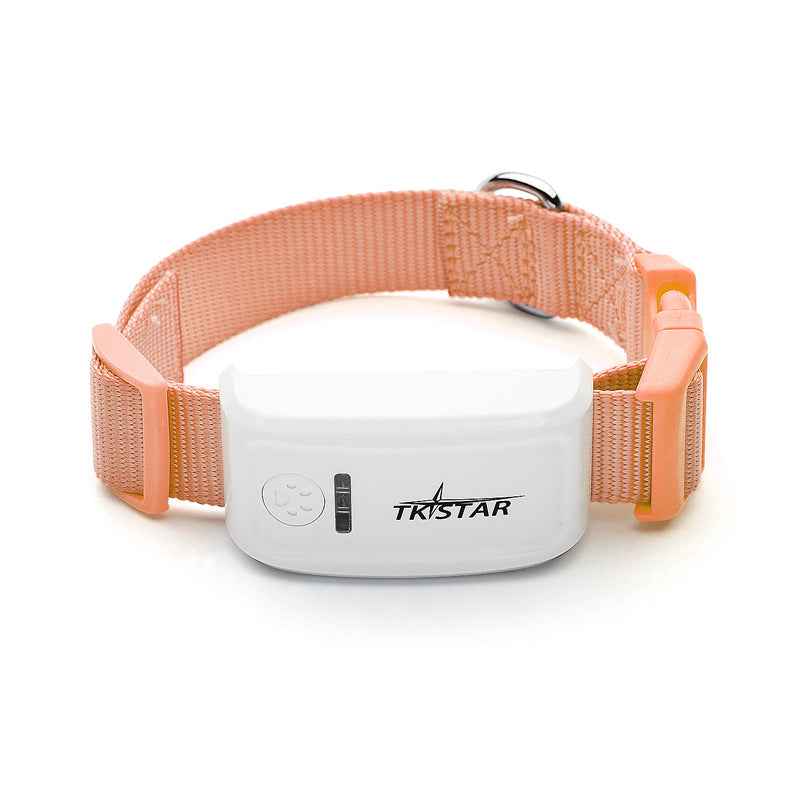 White dog GPS tracker with peach-colored collar on a white background