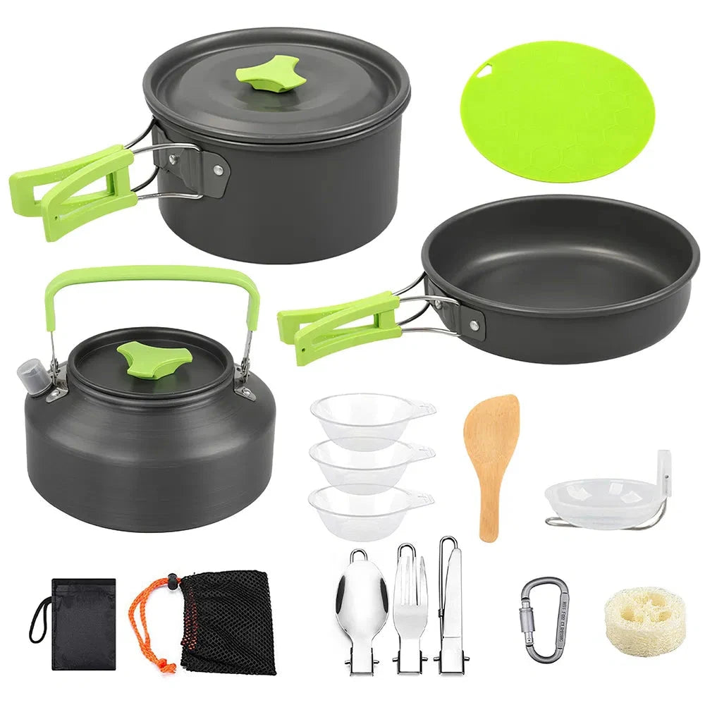 A 4-piece camping cookware set in matte black with bright lime green accents, including a pot, frying pan, kettle, lid, bowls, utensils, and a carrying pouch, arranged on a white background.