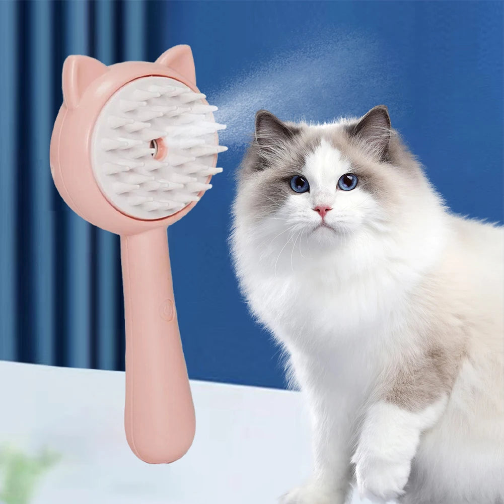 Cat grooming brush with water spray next to a cat on a blue background