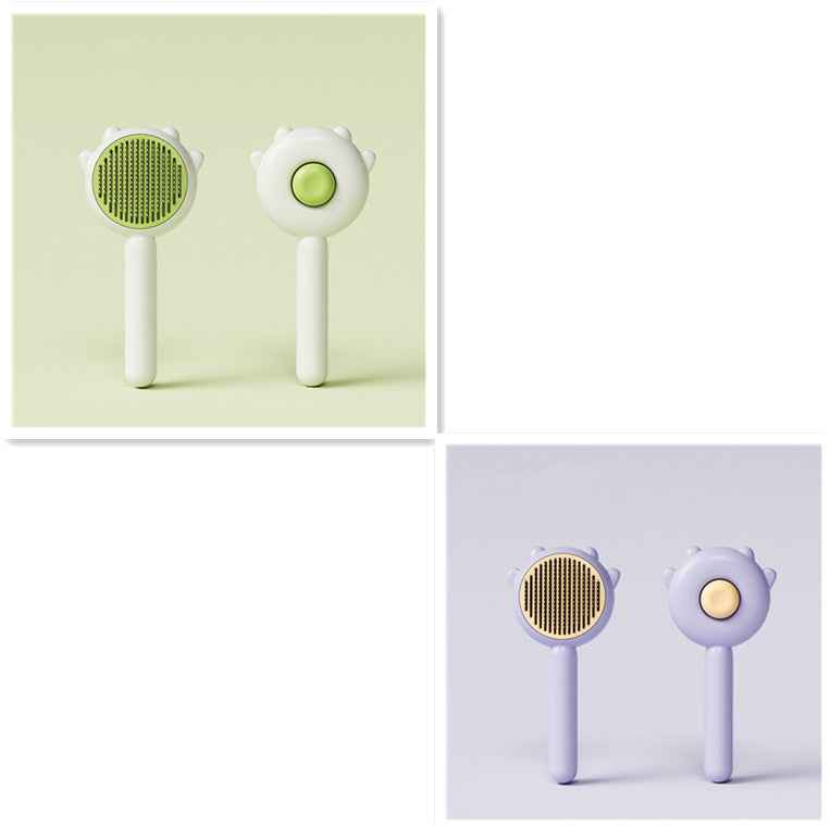 Two grooming tools with green and white designs on a light green background, and another set with gold and purple designs on a white background.
