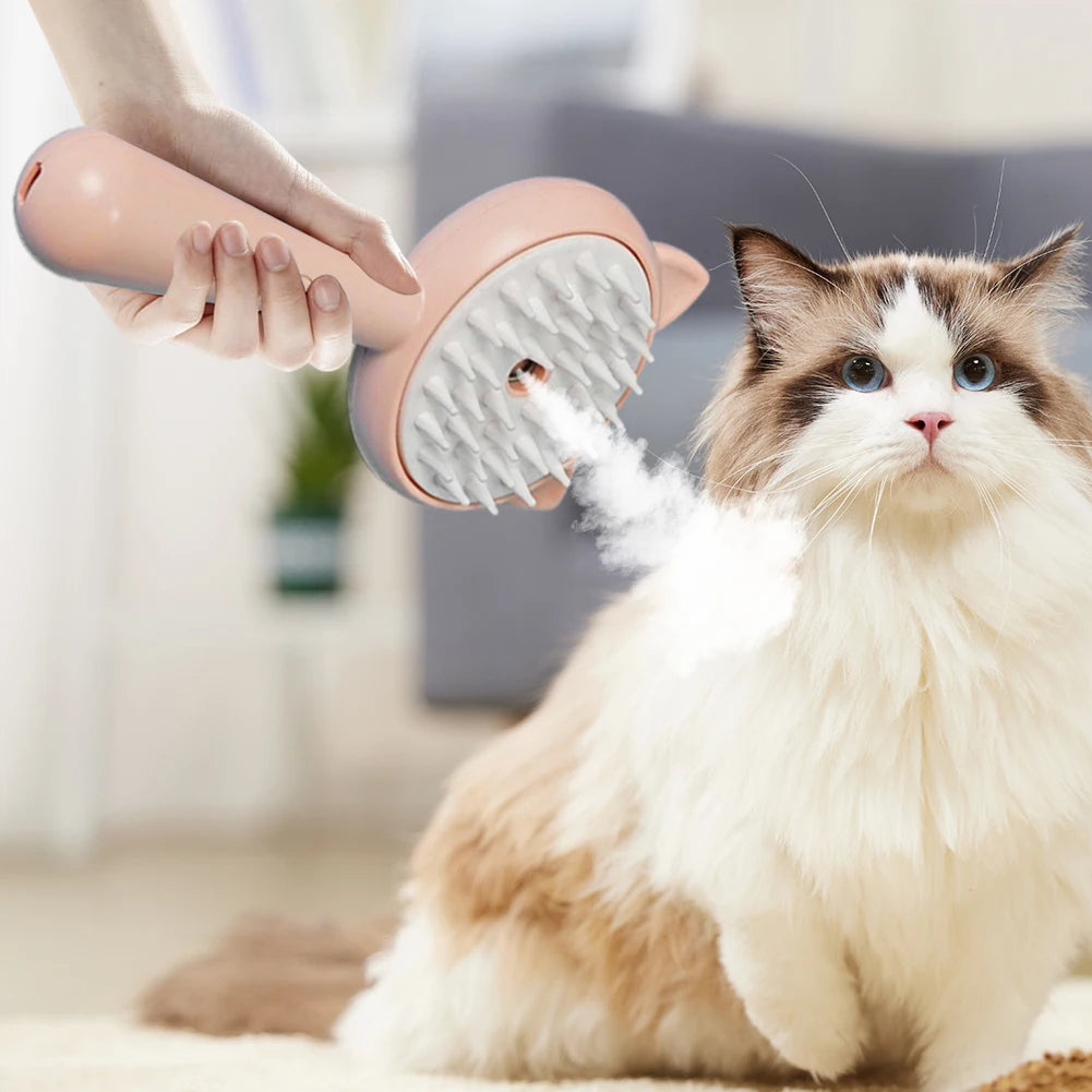 Person grooming a fluffy cat with a pet grooming brush in a home setting