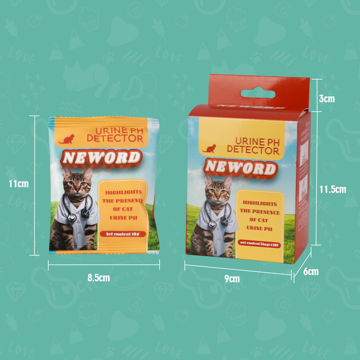 Neword Urine pH Detector packaging with dimensions on a green background