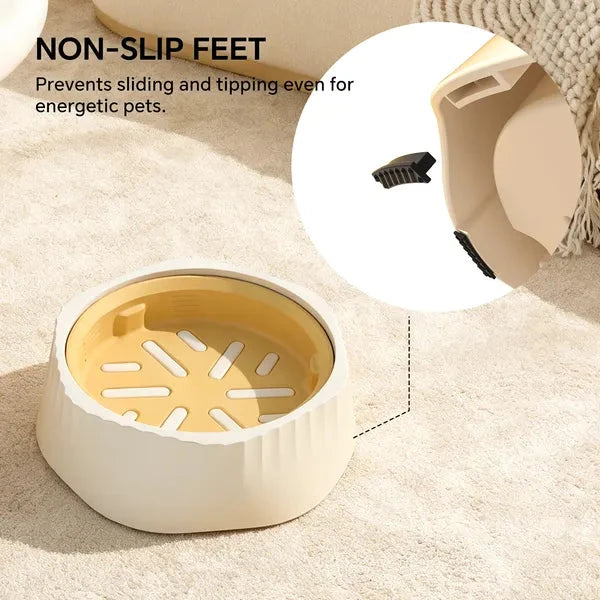 Pet food bowl with non-slip feet feature on a beige surface