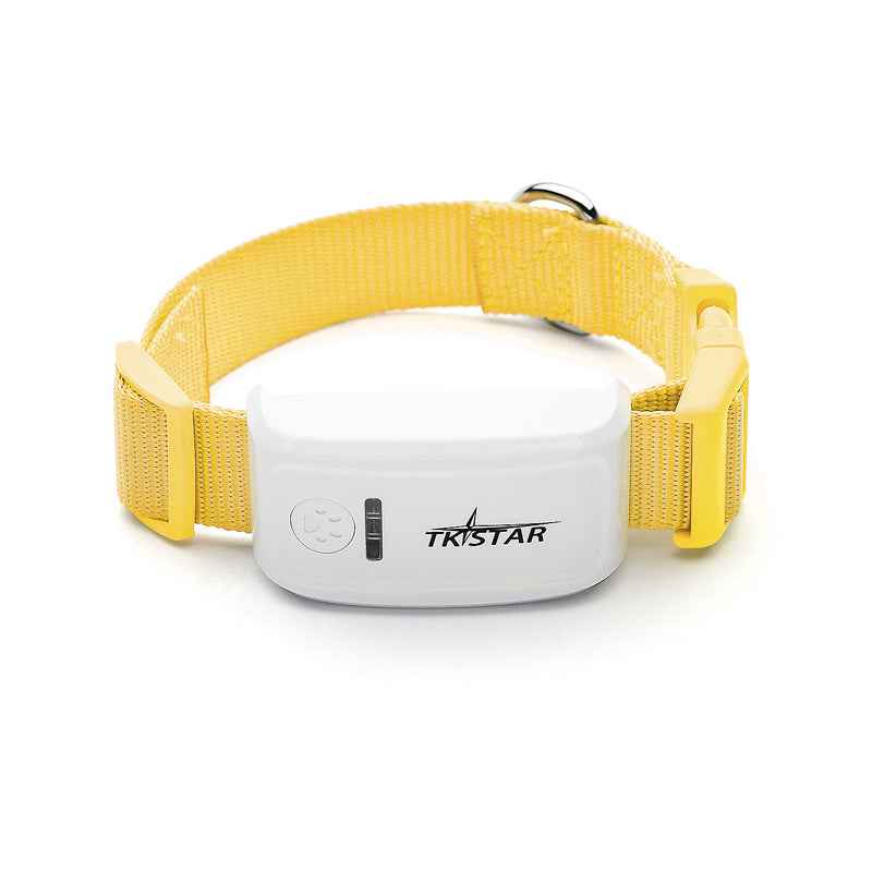 Yellow dog collar with a white device attached on a white background