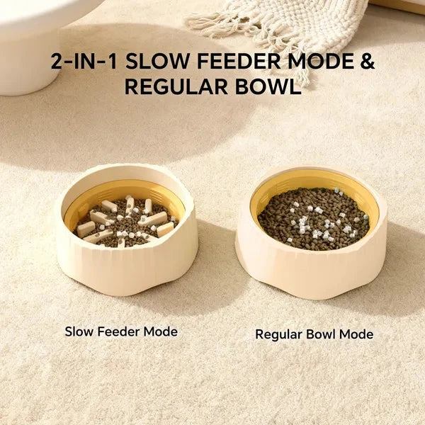 Two pet bowls showing 'Slow Feeder Mode' and 'Regular Bowl Mode' on a neutral background.