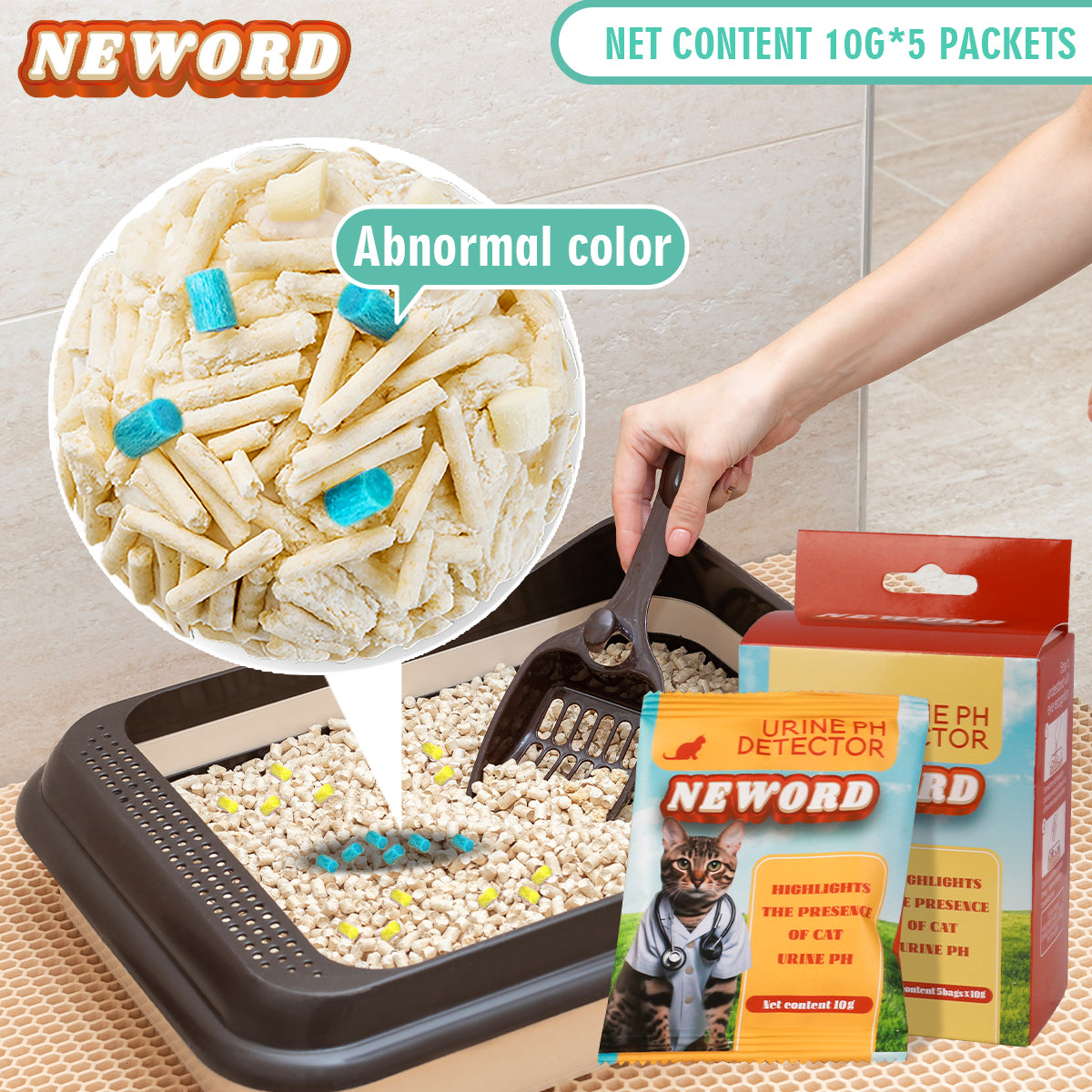 Cat litter tray with a scoop, cat litter, and Neword pH detector packaging on a tiled floor.