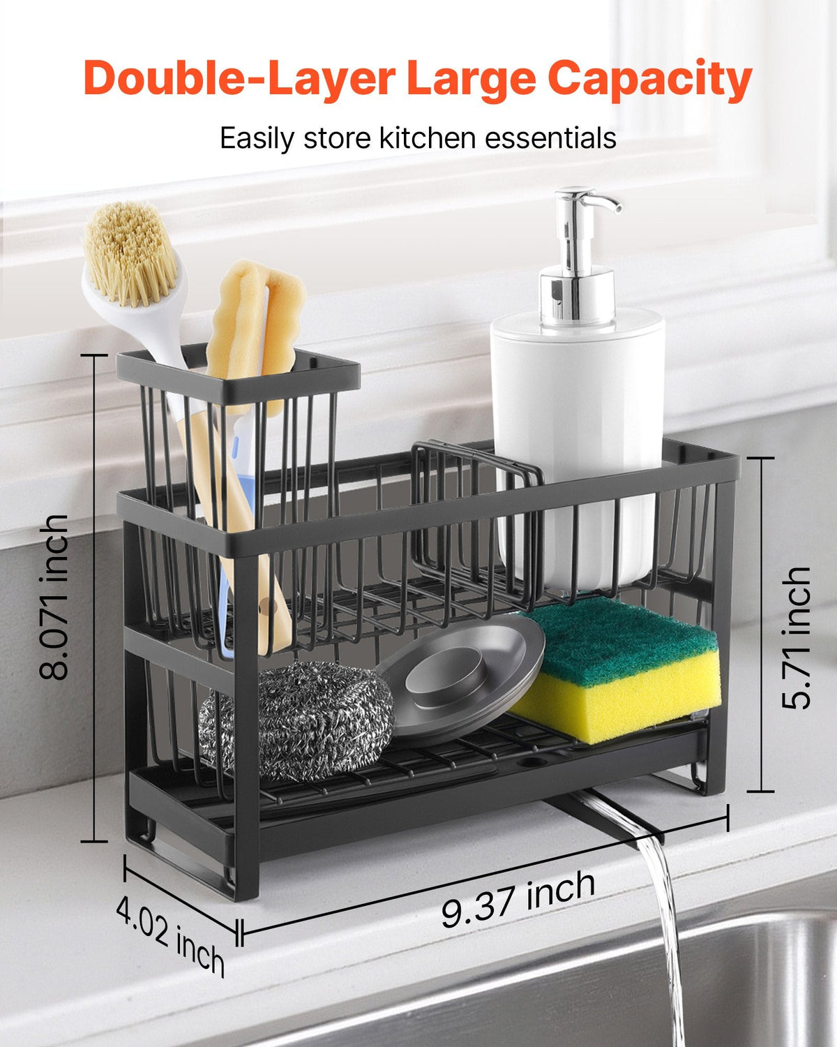 Black kitchen utensil rack with measurements on a white background
