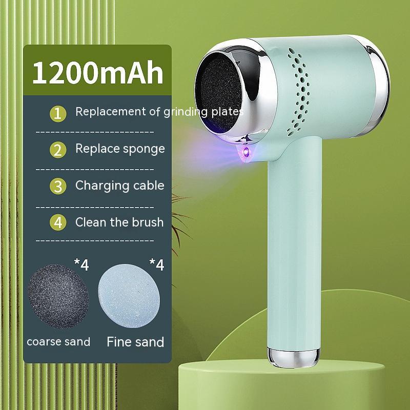 Green handheld tool with charging cable and sand replacement information on a green background