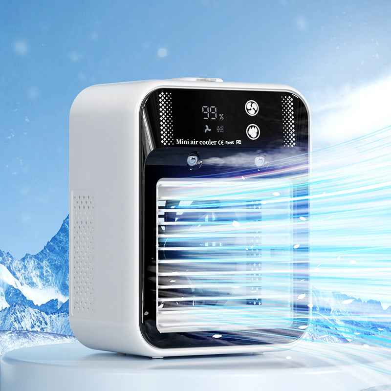 Portable air cooler with digital display on a blue background
