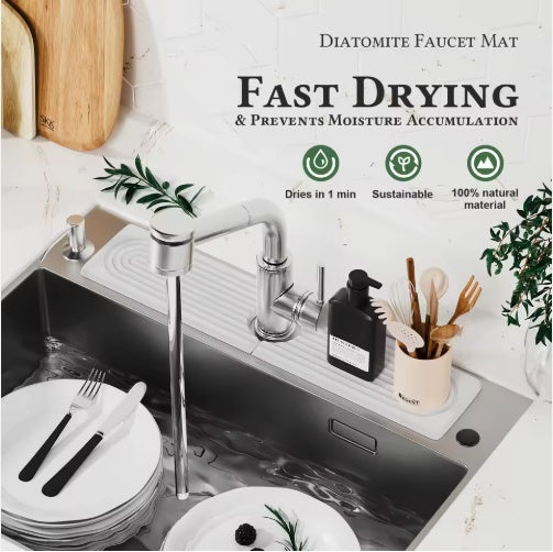 Diatomite faucet mat in a kitchen setting with text highlighting features