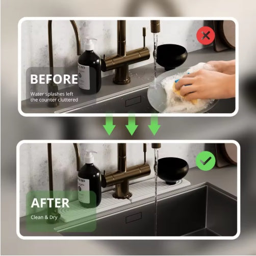 Before and after comparison of a kitchen sink with cleaning actions.