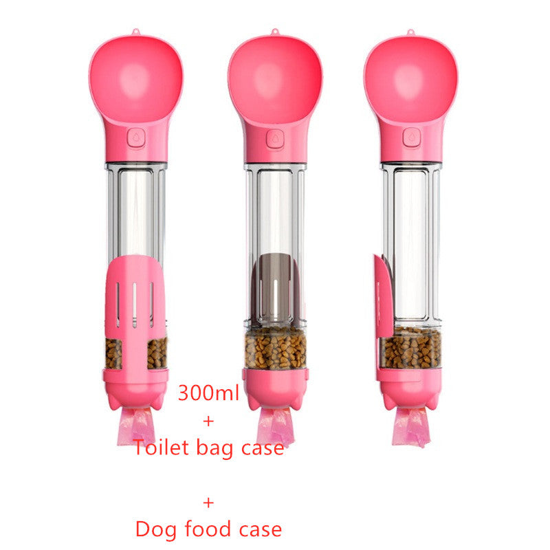 Three pink pet feeders with clear bodies on a white background