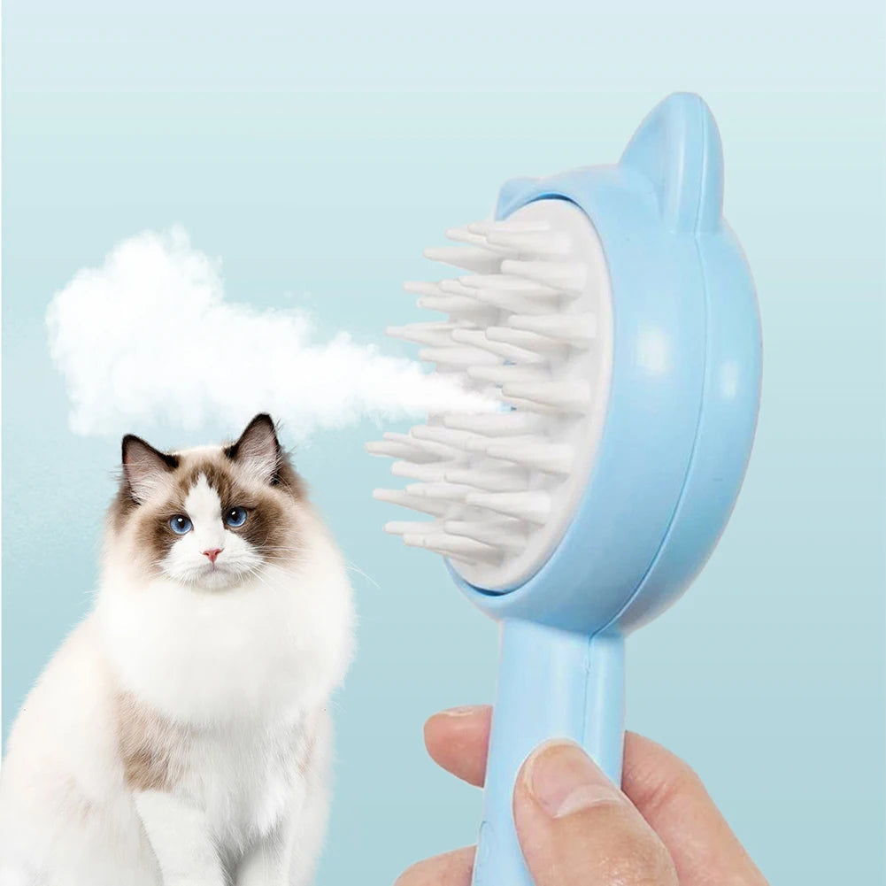 Blue pet grooming brush with a fluffy white cat on a light blue background