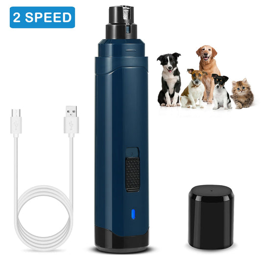Blue electronic device with USB cable and small black device, featuring images of dogs and a cat on a white background.
