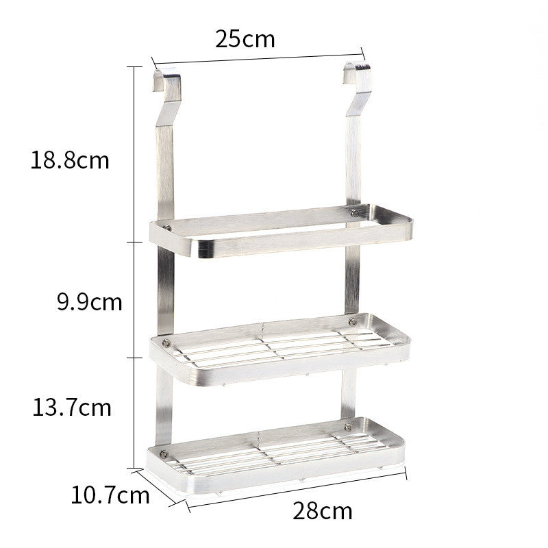 A three-tier stainless steel shelf with dimension annotations showing measurements of 25cm width at the top, 18.8cm, 9.