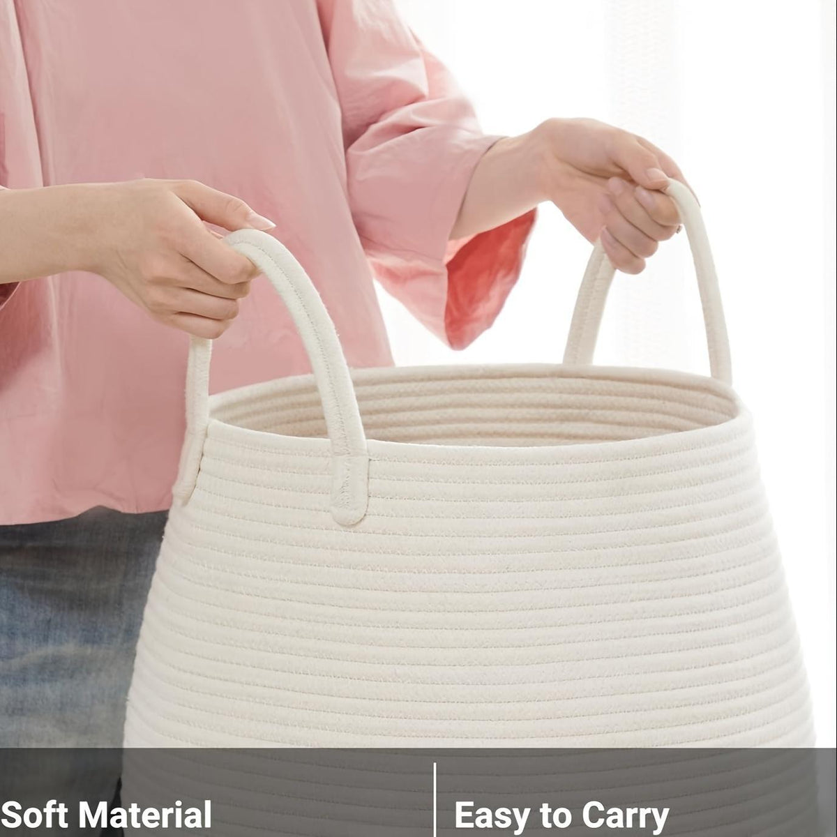 Person holding a white woven basket with text 'Soft Material' and 'Easy to Carry'.